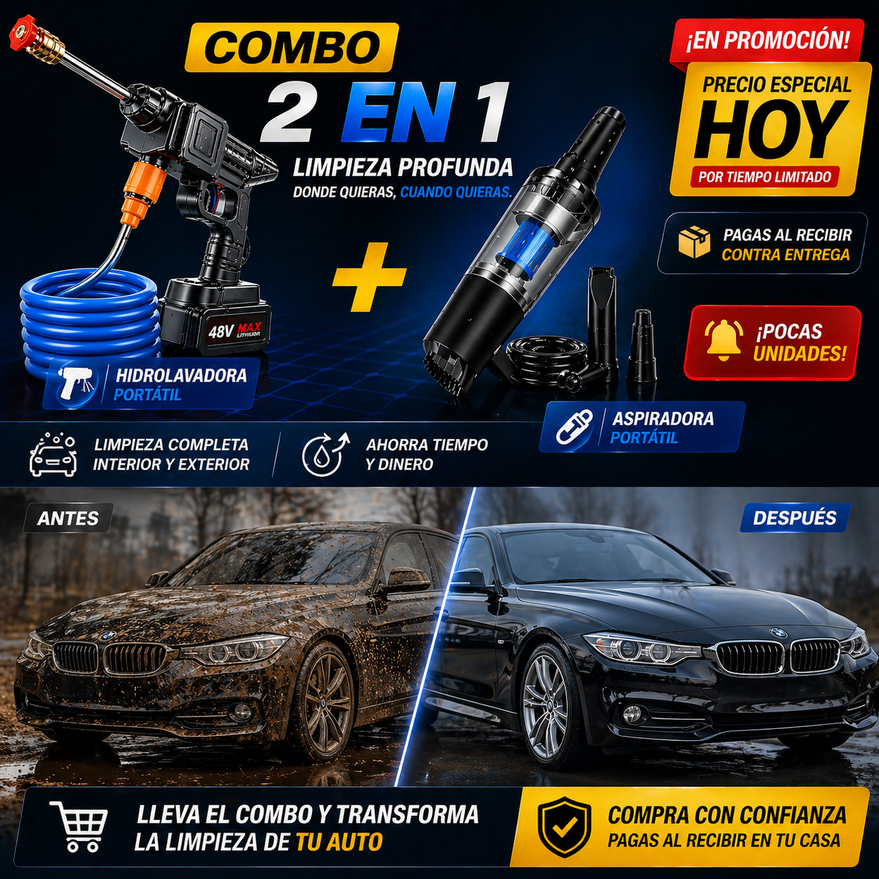 Set de limpieza PRO 48 V – Hidrolimpiadora + aspirador portátil 2 en 1 recargable