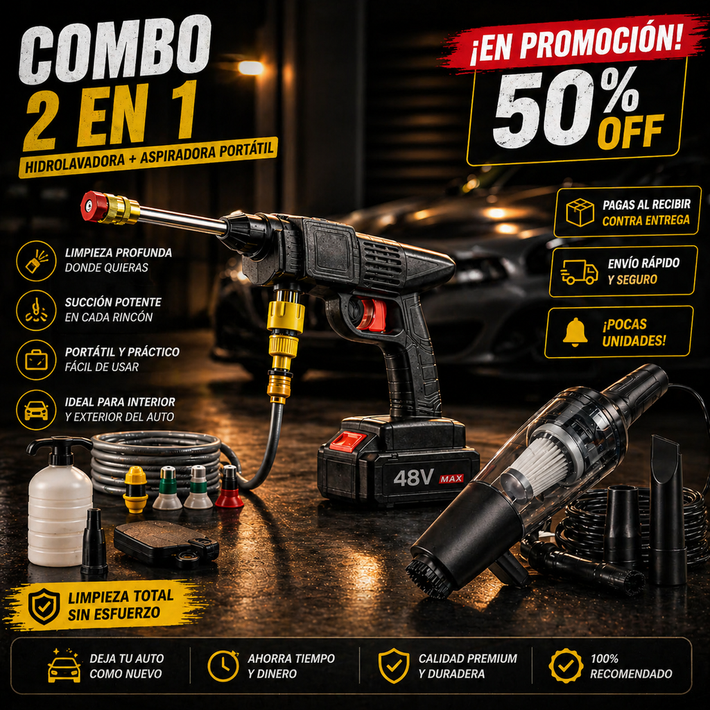 Set de limpieza PRO 48 V – Hidrolimpiadora + aspirador portátil 2 en 1 recargable