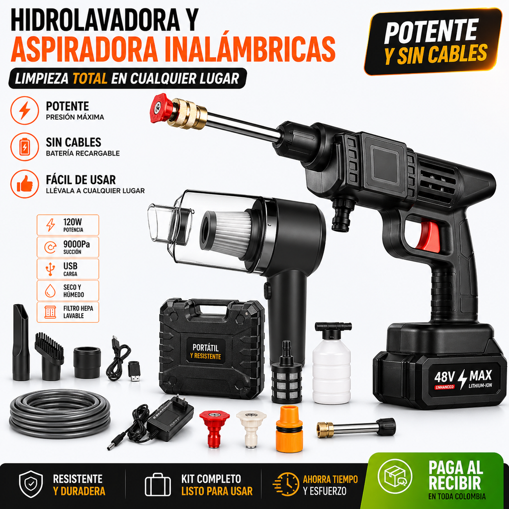 Set de limpieza PRO 48 V – Hidrolimpiadora + aspirador portátil 2 en 1 recargable